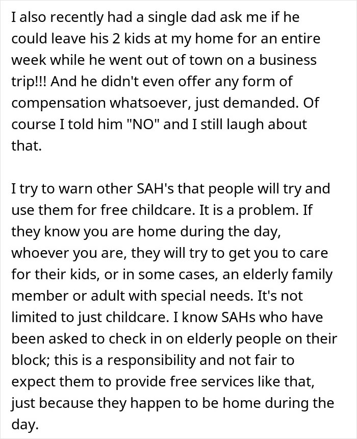 Text discussion about using stay-at-home neighbors for free childcare, mentioning unfair demands and responsibilities.