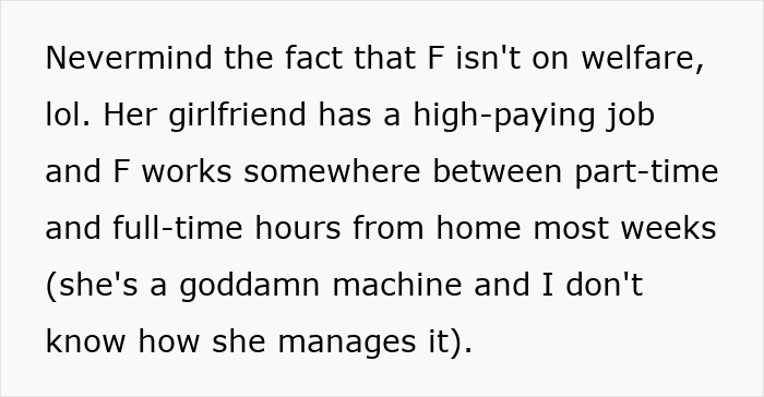 Text about a person working from home with flexible hours while their partner has a high-paying job.