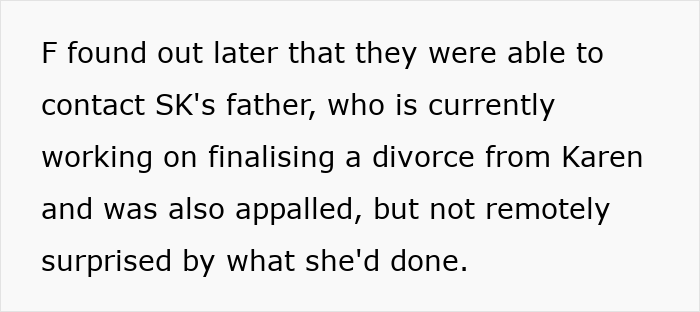 Text recounting a story about Karen's divorce and reaction from her child's father.