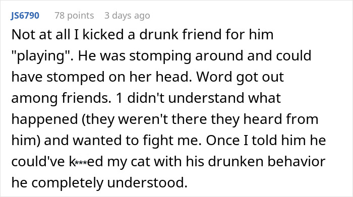 Text message describing a person justifying kicking out a friend for mistreating their cat during a drunken incident.