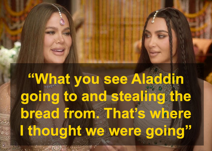 Kim Kardashian and another woman in traditional attire, discussing misconceptions about India compared to Disney's Aladdin.