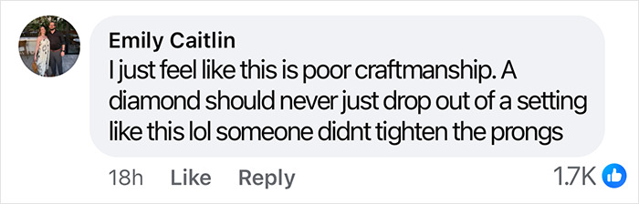 Social media comment criticizing diamond craftsmanship, related to Kim Kardashian losing a diamond for publicity.