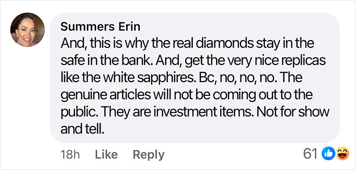 Comment discusses diamonds as investments and suggests using replicas.