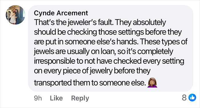 Comment discussing jewelers' responsibility in diamond settings, referencing Kim Kardashian and publicity claims.
