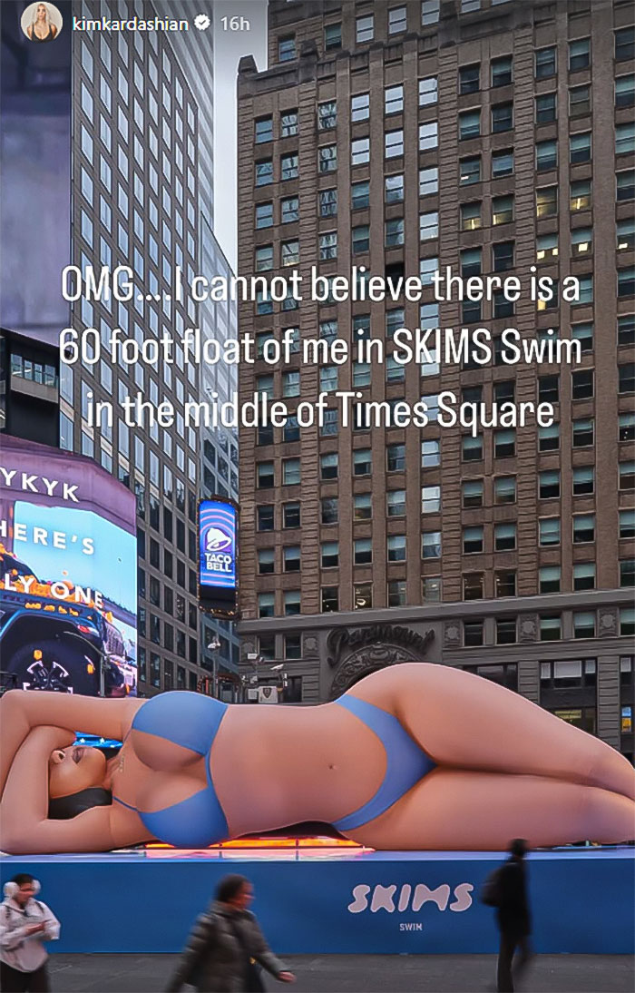 Giant Kim Kardashian bikini doll displayed in Times Square, sparking backlash.
