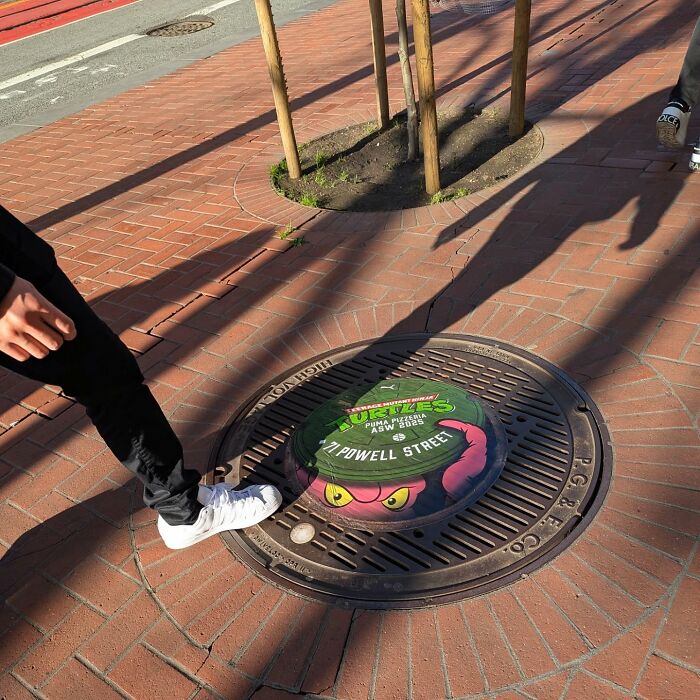 Street art on a San Francisco manhole cover featuring a Teenage Mutant Ninja Turtles design, captured under bright sunlight.