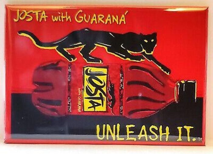 Josta soda with guarana logo, featuring a black panther and the phrase "Unleash It," symbolizes nostalgic discontinued products.