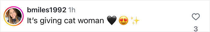 Comment noting a latex dress resembling Catwoman, with heart and sparkle emojis.