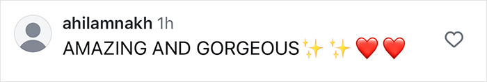 Instagram comment saying "AMAZING AND GORGEOUS" with heart and sparkle emojis.