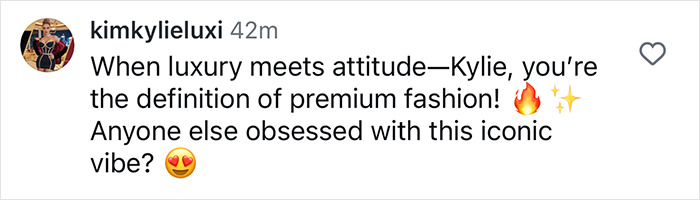 Comment praising Kylie Jenner's fashion, calling her the definition of premium style with fire and sparkling emojis.