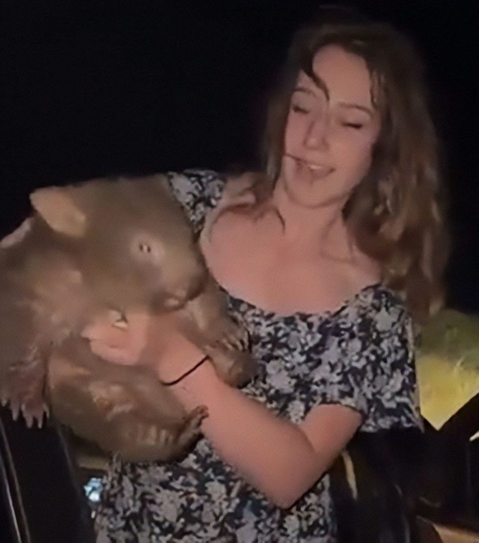 US tourist holding a baby wombat at night, wearing a black and white floral dress.