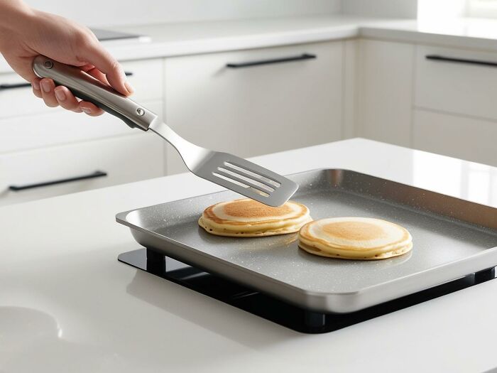 A spatula flipping pancakes on a sleek griddle, highlighting a unique Amazon find.