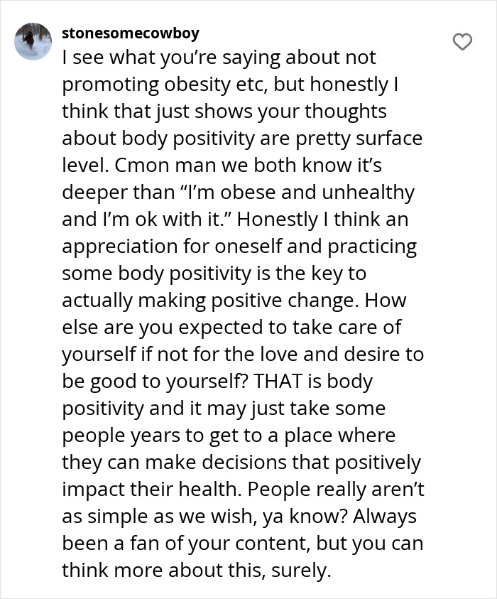 Comment discussing obesity and body positivity on Instagram, encouraging self-appreciation and positive change.
