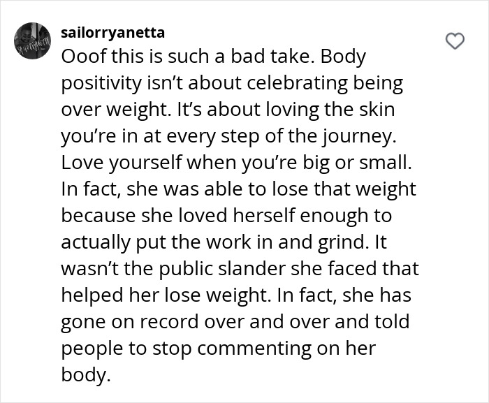 Text discussing body positivity and obesity, emphasizing self-love at any size.