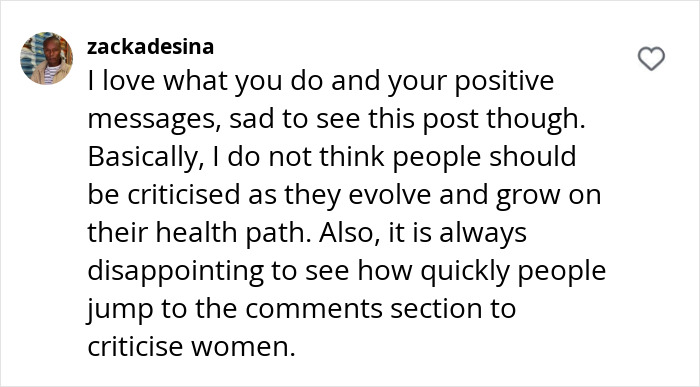 Social media comment on obesity, discussing health paths and criticism of women.