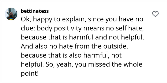 Instagram comment about body positivity and self-love, emphasizing acceptance and rejecting hate related to obesity.