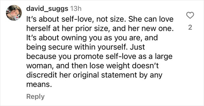 Comment discussing self-love, body positivity, and weight loss related to obesity.