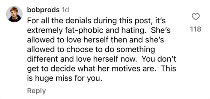Social media comment discussing obesity acceptance and personal choice regarding weight loss.