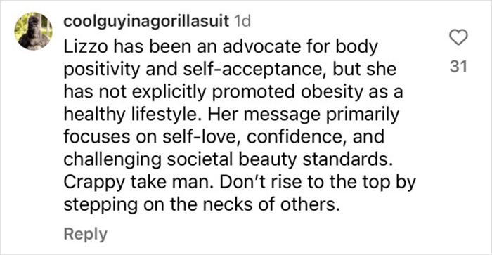 Lizzo's support for body positivity contrasted with critique on promoting obesity in an Instagram comment.