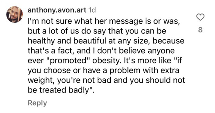 Comment discussing obesity, health, and beauty standards, emphasizing acceptance and challenging promotion of obesity narrative.