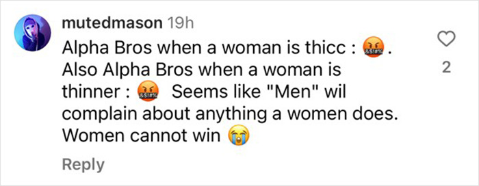 Comment on body image and societal expectations, with emojis showcasing frustration and sadness about perceptions of women.