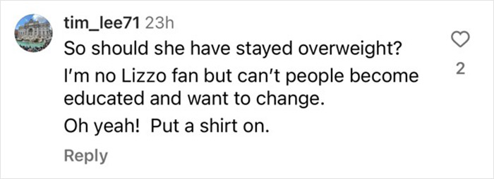 Comment discussing obesity and weight loss related to Lizzo.