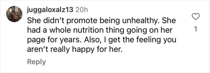 Comment defending Lizzo's approach to obesity and nutrition on social media.