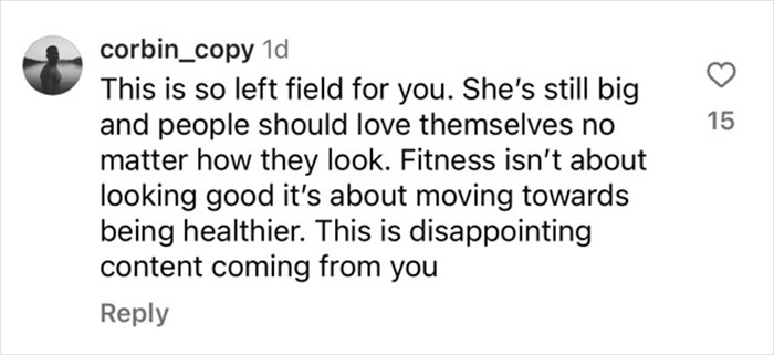 Instagram comment discussing obesity and fitness, emphasizing self-love and health over appearance.
