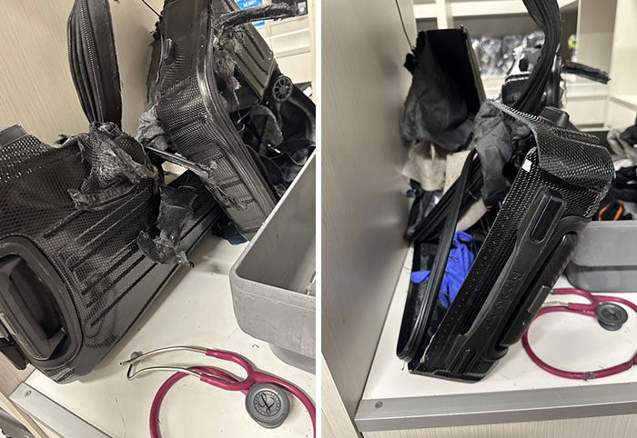 Damaged airline baggage with torn and crushed suitcases, showing signs of severe travel mishaps.