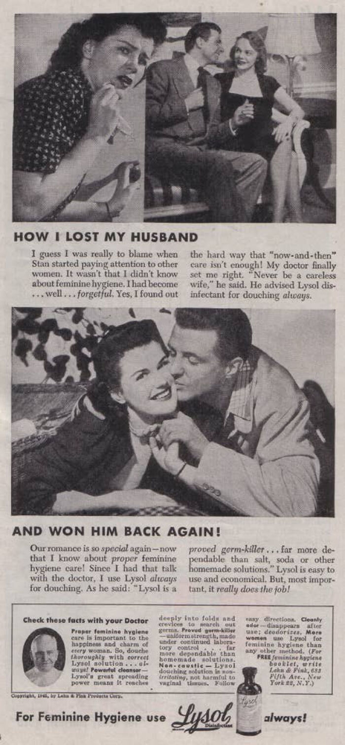 Vintage ad featuring a couple with the woman looking distressed and a Lysol bottle, highlighting feminine hygiene claims.