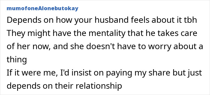 Text exchange discussing relationship dynamics about MIL’s wallet and bill situations. Text exchange discussing relationship dynamics about MIL’s wallet and bill situations.