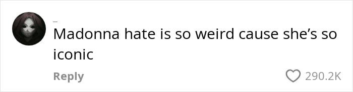 Comment discussing Madonna's iconic status amidst hate, with 290.2K likes.