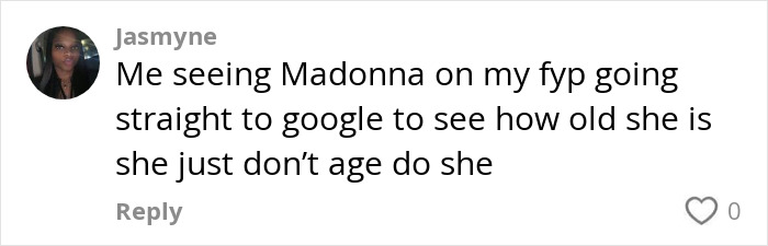 Comment about Madonna's age seen on social media, referencing diamond grills and a viral moment.