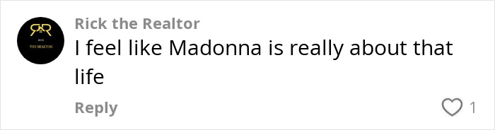 Comment on Madonna's diamond grills from Rick the Realtor, expressing admiration.