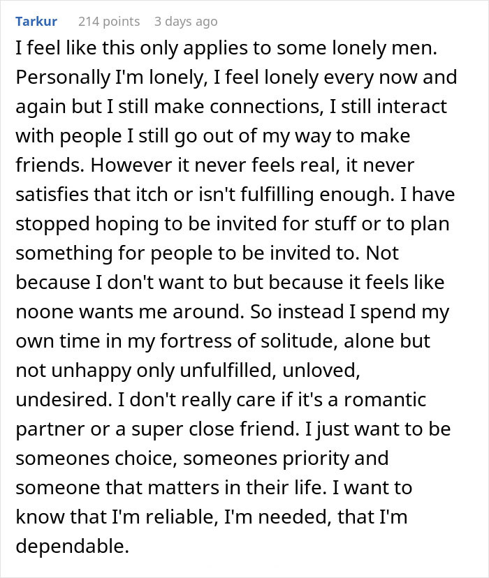 Man discusses the male loneliness epidemic and personal experiences in a detailed online comment.
