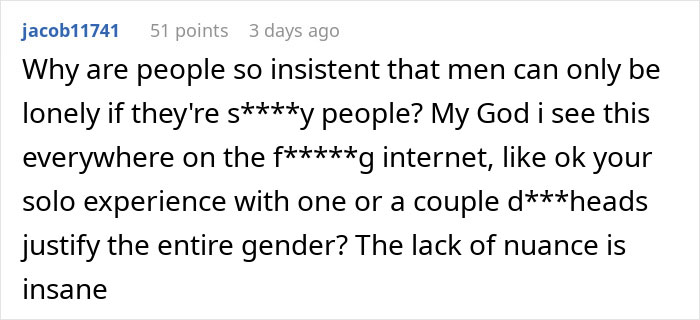 Text comment addressing male loneliness epidemic and stereotypes.