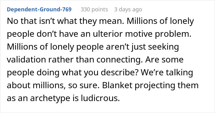 Comment discussing the male loneliness epidemic and challenging stereotypes with skepticism.