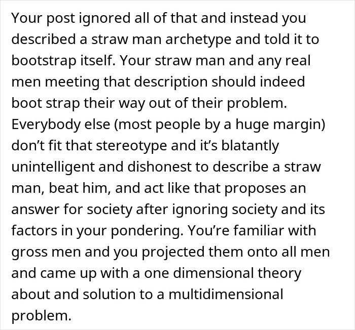 Text discussing male loneliness epidemic and societal stereotypes in a critical online debate.