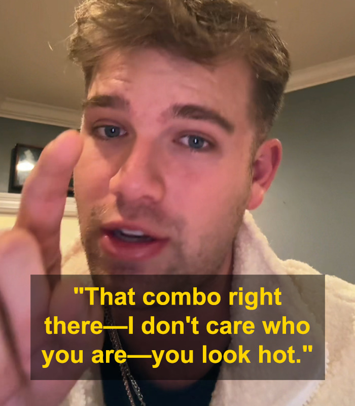 Man debating on the hottest outfit for women, pointing with a serious expression.