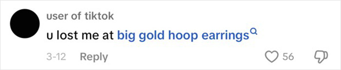 TikTok comment about big gold hoop earrings in hottest outfit debate.