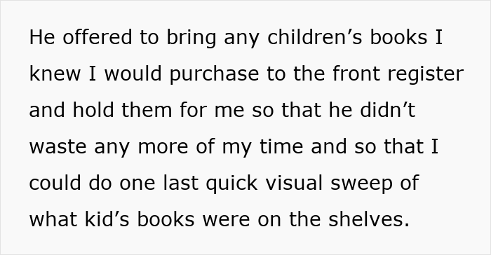 Text discussing a bookstore clerk offering to help with children's books.