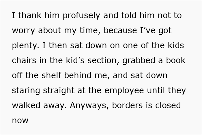 Text screenshot of a person recounting an interaction with a bookstore clerk about the children's section.