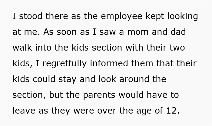 Text about a bookstore clerk excluding adults from the children's section due to age restrictions.