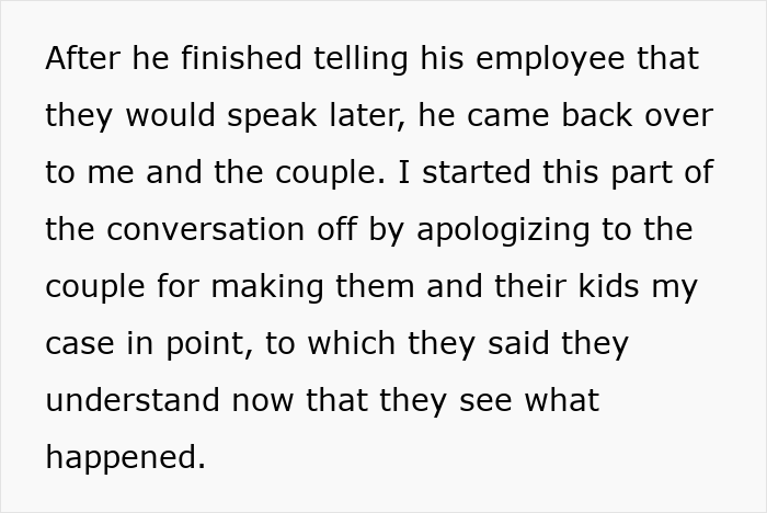 Bookstore clerk converses with customers after discussing with an employee.