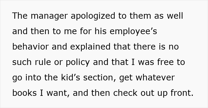 Text excerpt about bookstore clerk and manager apology regarding children's section access.