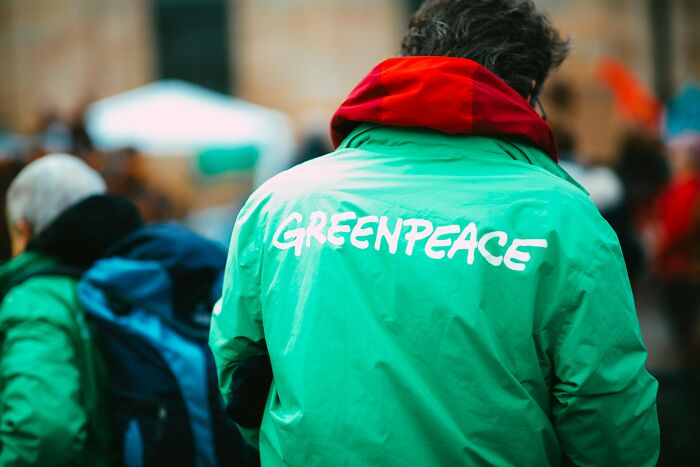 Person in a green Greenpeace jacket at an outdoor event, symbolizing historical turning points.