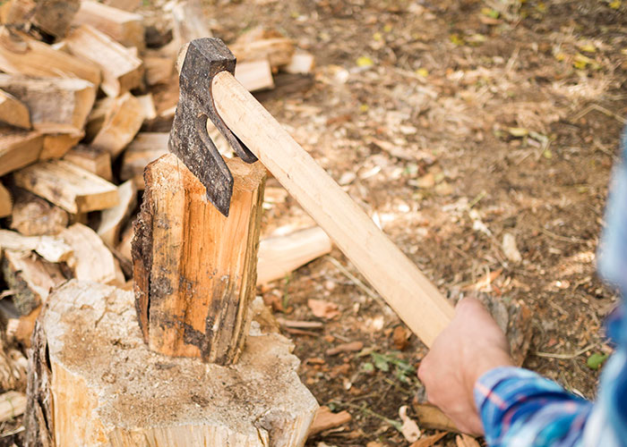 A person chopping wood with an axe, focusing on men's outdoor activities in a rustic setting.