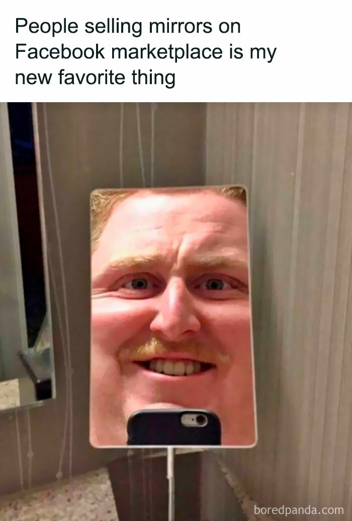Middle class fancy meme showing a distorted selfie in a mirror for sale online.