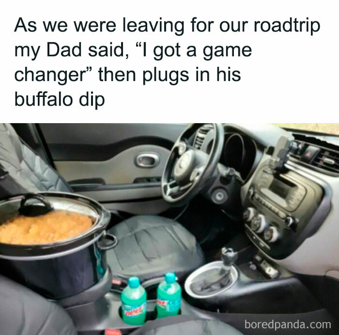 Car interior with crockpot plugged in, captioned as a dad plugging in buffalo dip for a road trip. Middle Class Fancy meme.
