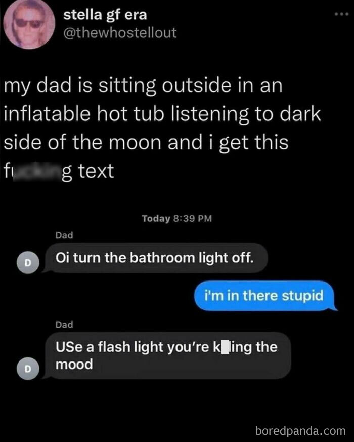 Relatable meme from Middle Class Fancy showing a humorous dad text exchange about a light being left on.